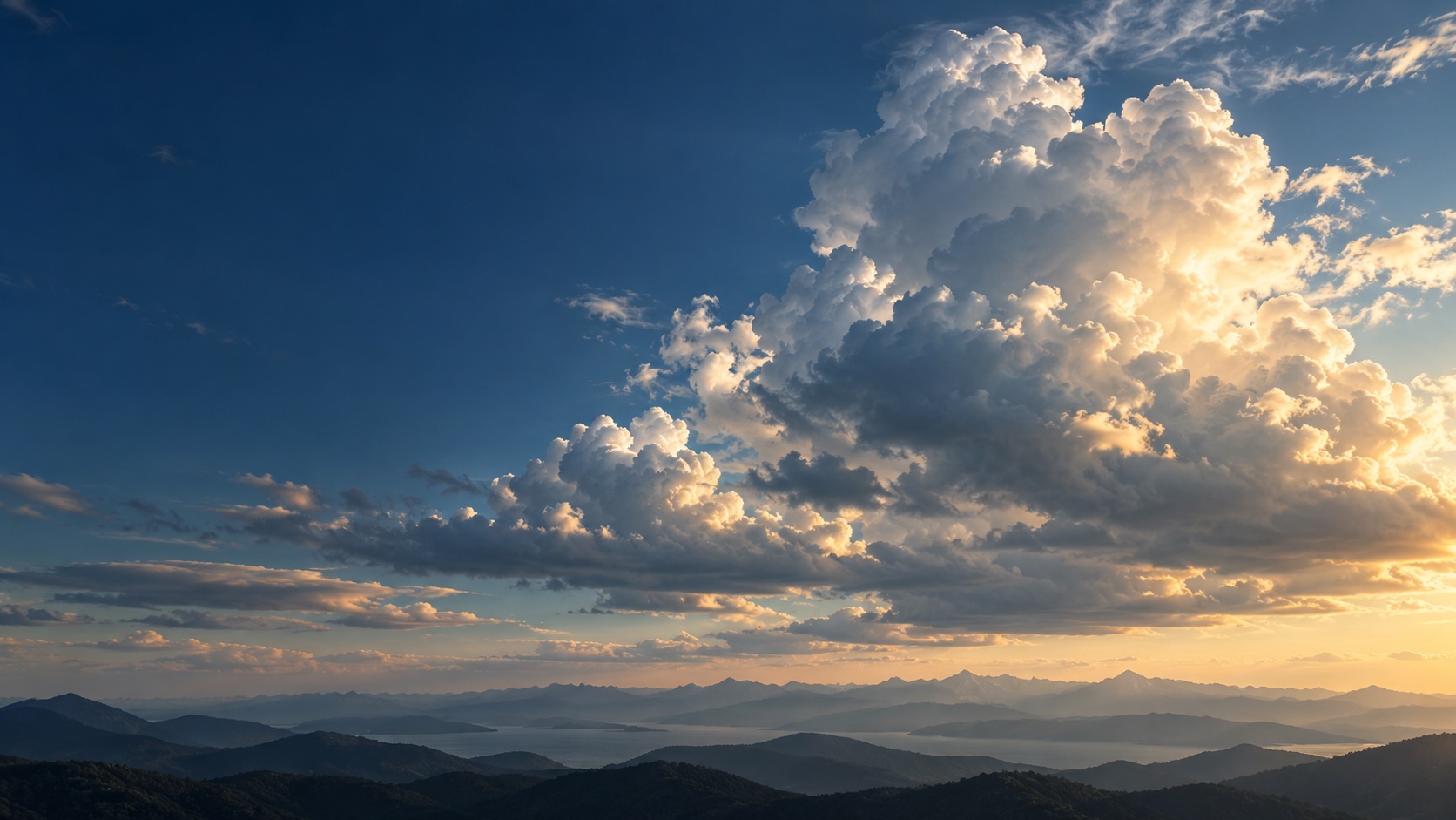 Illustrative sunlit cumulus clouds over a layered mountain horizon